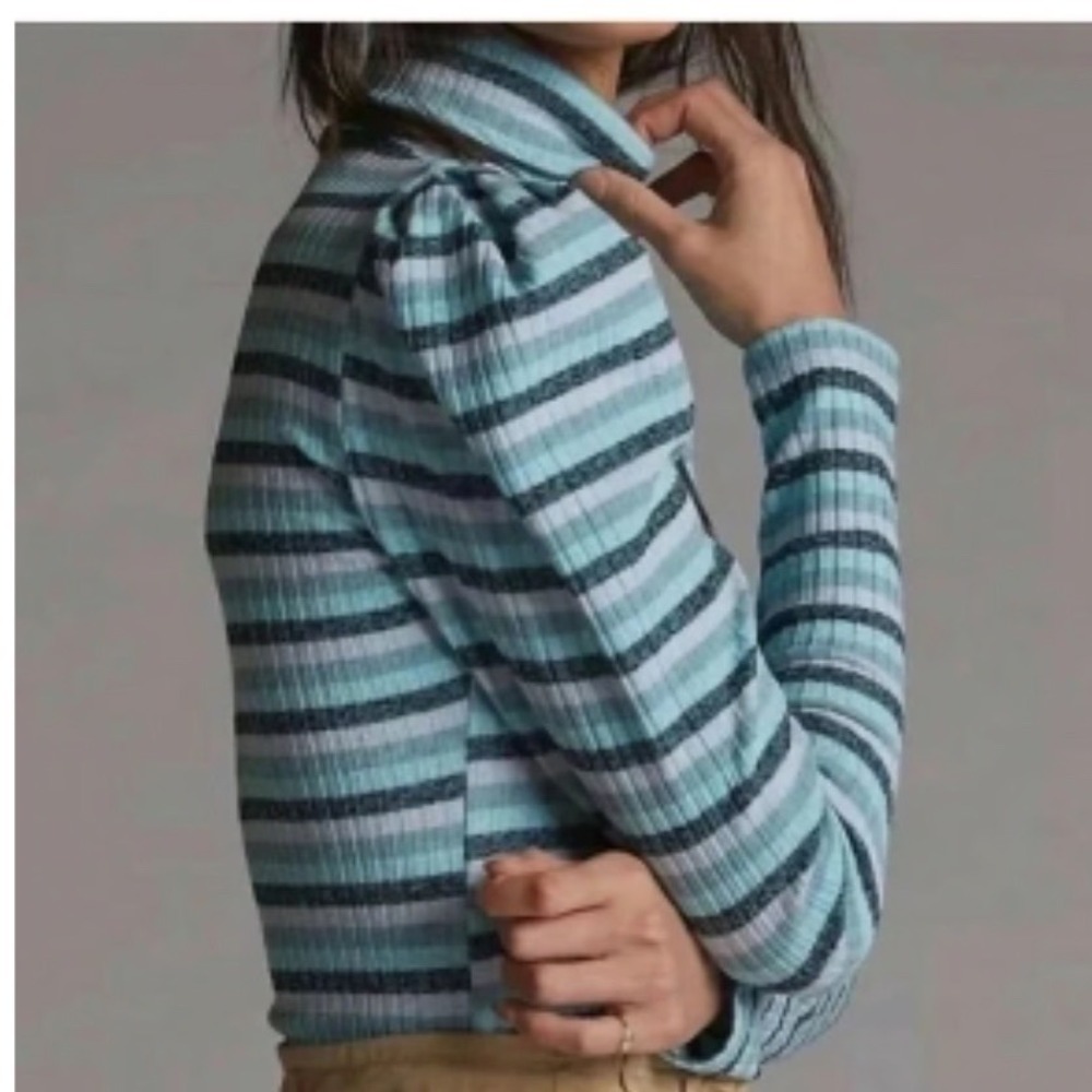 NWT Maeve Anthropologie Blue Striped Ribbed Turtleneck Sweater Puff Sleeve‎ XL - Picture 2 of 9
